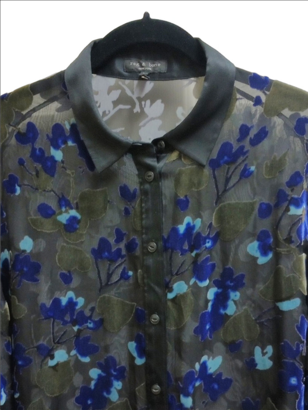 🆕💙RAG & BONE "GIGI" BLACK SILK BLEND SHEER BLOUSE BLUE FLORAL VELVET BURNOUT - Picture 4 of 13